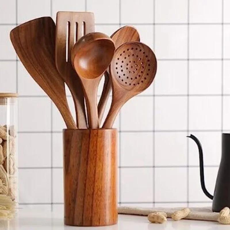 Multi Functional 5-Piece Kitchenware Set Kitchen Tools Wooden Bucket Storage Cooking Shovel Spoon Stirring Spoon Acacia Wood Teak Soup Spoon Reusable