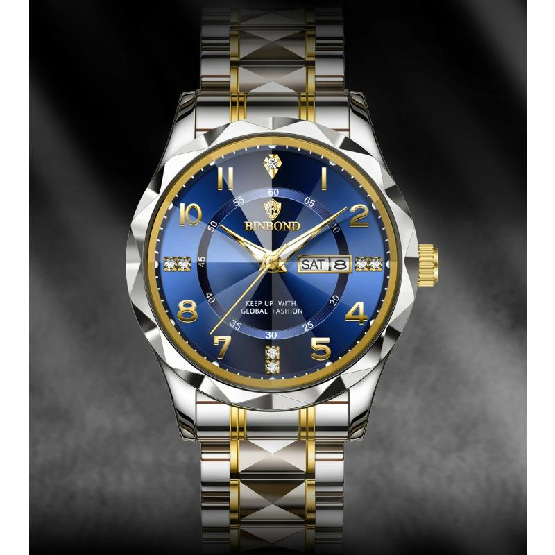 BINBOND Luxury Men Quartz Watch Waterproof Date Week Luminous Wristwatch Stainless Steel Men's Watches Male Clock