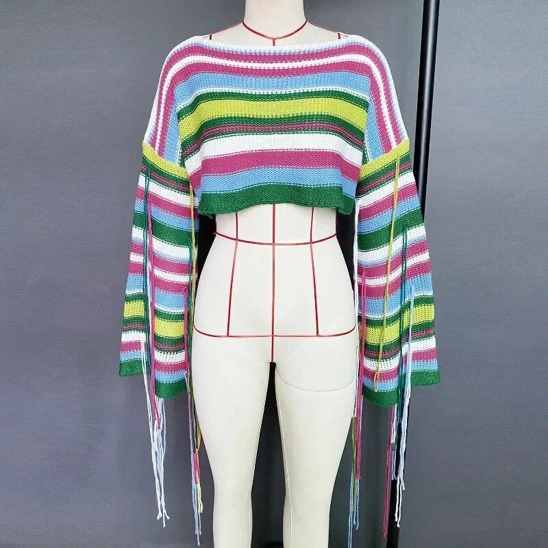 Радужные кисточки с расклешенными рукавами, сексуальные укороченные топы, вязаный свитер, женский осенний модный свободный пуловер, женский полосатый трикотаж 30566
