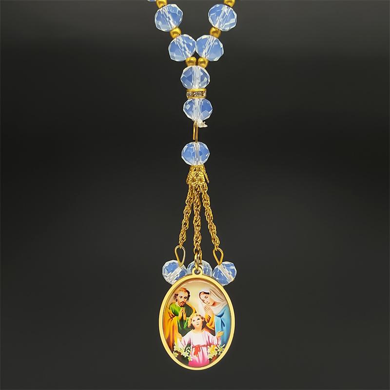 Virgin Mary Jesus Glass Oval Medal Car Pendant for Women Men Stainless Steel Gold Color St. Joseph Amulet Beads Chain Jewelry