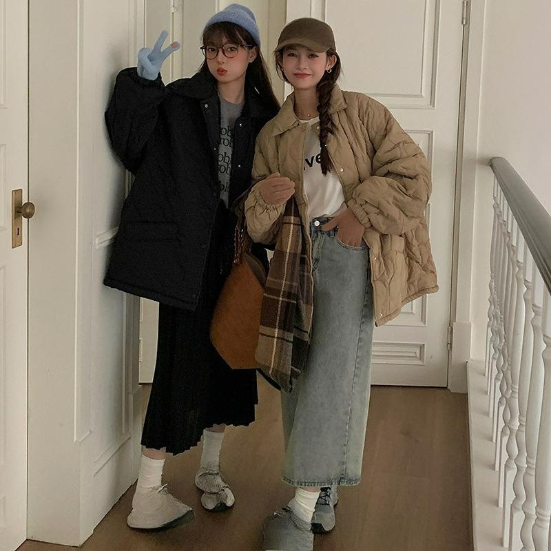 Ромбовидный хлопок Женская корейская зимняя одежда Ретро Куртка большого размера Хлебная одежда Свободная стелька Овечья шерсть Женская