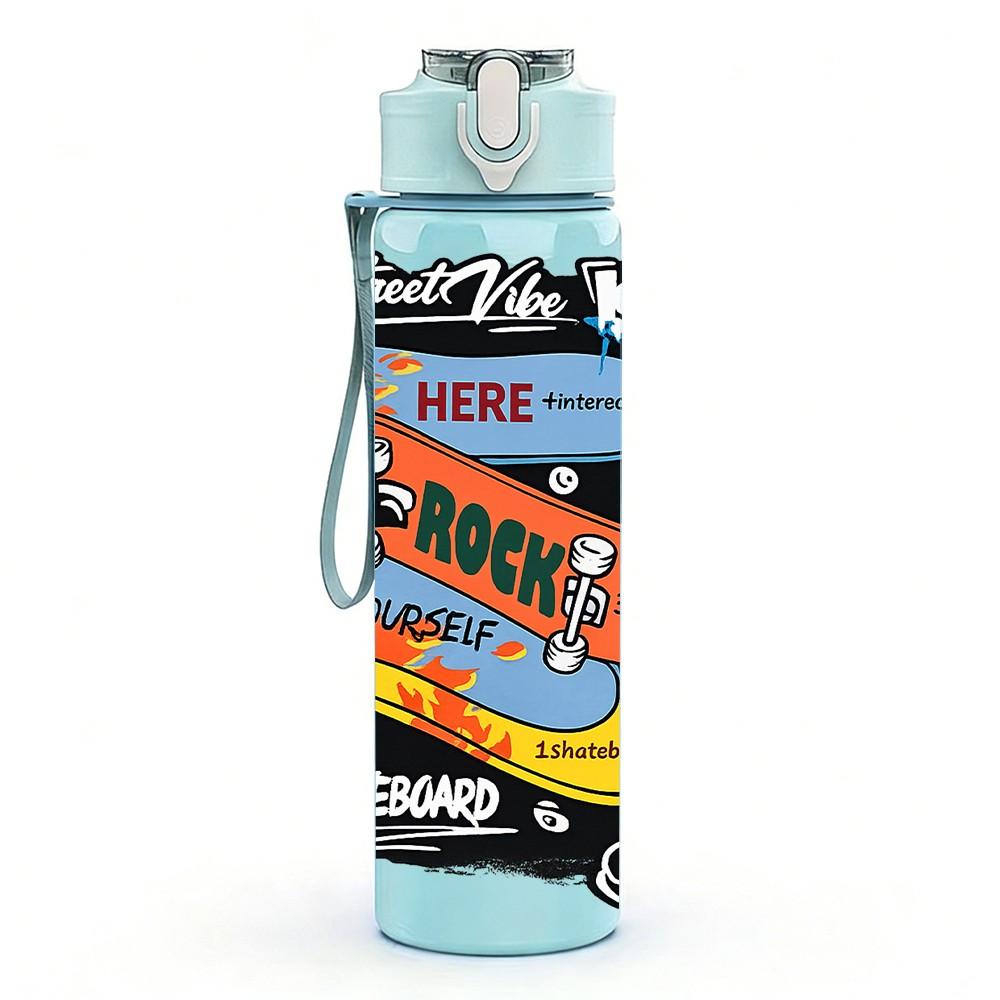 1PC Skateboard Retro Slogan Art Print 750ml Color Plastic Sports Water Bottle Leakproof Flip Straw Lid Suitable for Sports Office Home Use