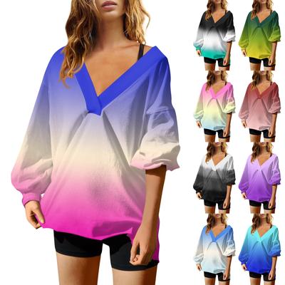 Женская мода градиентный цвет V-образный вырез длинный рукав свободный пуловер свитшот топ