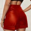 Fashion Women's Diagonal Pockets Casual PU Imitation Leather Shorts High Waist Stretch Shorts