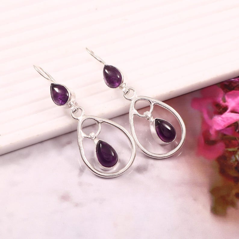 Solid 925 Sterling Silver Amethyst Gemstone Handmade Designer Earring Women Dangle Earrings