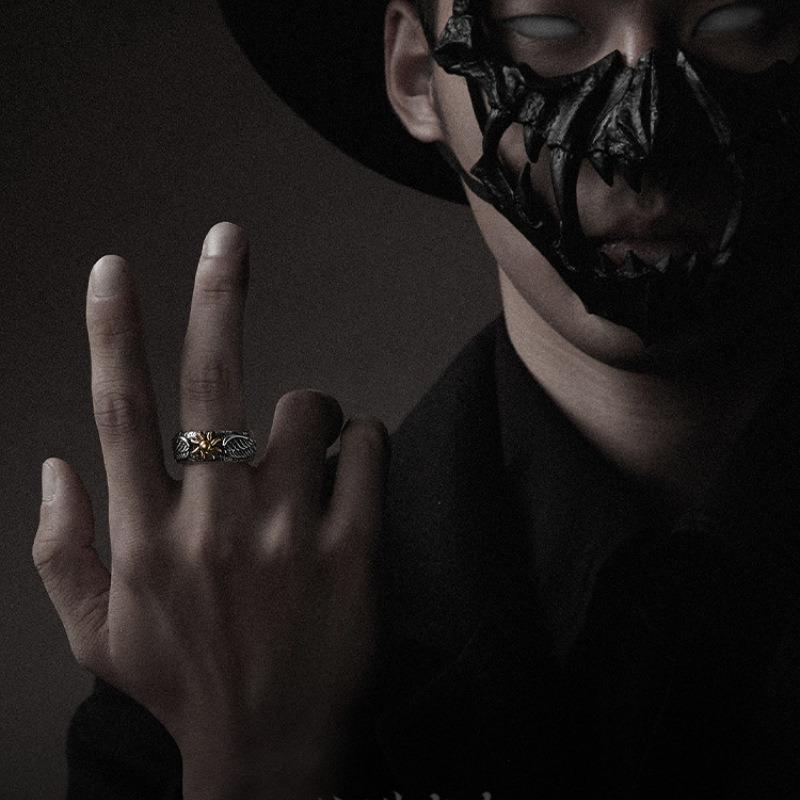 Кольцо из тайского серебра 925 пробы с подсолнухом и крыльями, мужское, ретро, личность, открытое кольцо, нишевый дизайн, граффити, одинарное кольцо