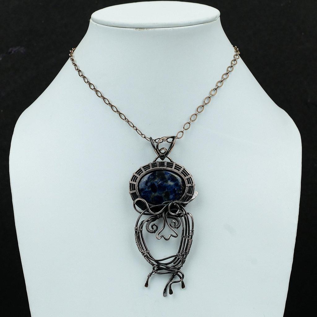 Подвеска из содалита, обернутая медной проволокой, ювелирное изделие из драгоценных камней, подвеска из камня по рождению, ювелирное изделие из медной проволоки, подарок для нее, совершенно новый кулон ручной работы