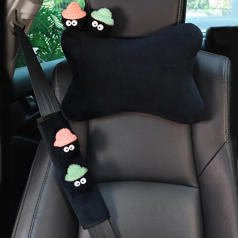 Cute Cartoon Car Pillow Coal Ball Bow Universal Auto Seat Headrest Neck Support Seatbelt Cover Interior Accessories for Women