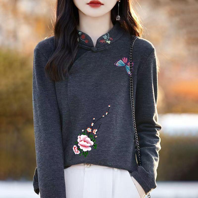 Autumn and Winter Women's Double-sided Fleece Undershirt Embroidered Loose Long Sleeve T-shirt