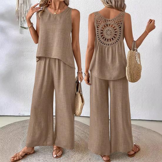 Женский комплект из двух предметов для отдыха, летний топ без рукавов с вырезом сзади и широкие брюки, повседневная одежда для отпуска и путешествий