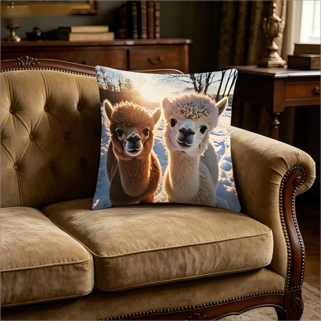 Cute Alpaca Couple Print Throw Pillow Cover, Adorable Farm Animal Decorative Cushion For Animal Lovers