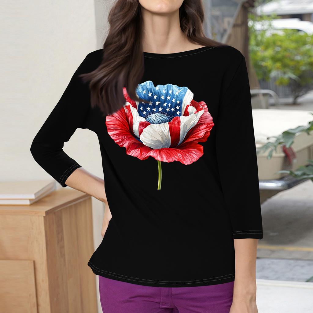 3/4 Sleeve Tops For Women T-Shirt Casual Print Tops T Shirt Round Neck Pullover Blouse