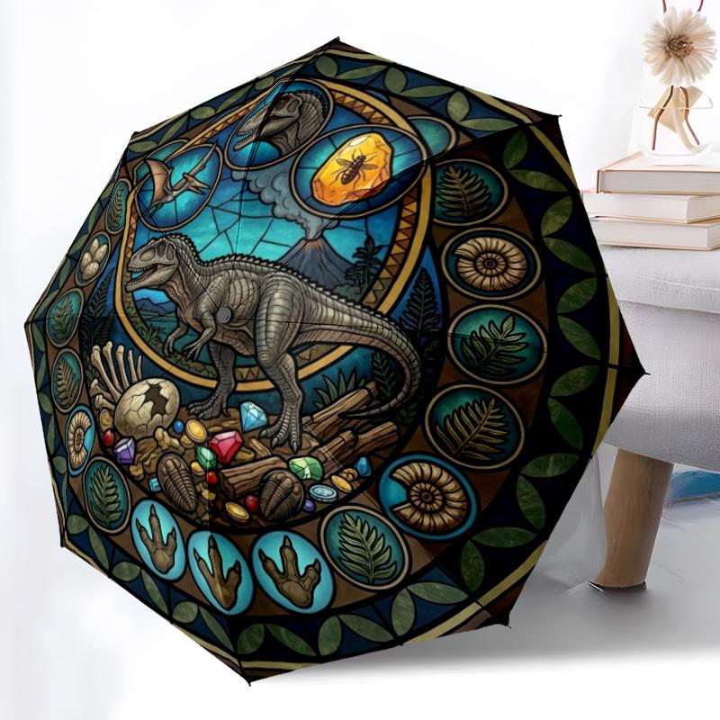 Dinosaur Glass Art pattern umbrella, portable and foldable design, 8 ribs, a casual accessory for Halloween, Christmas, and birthday gifts.