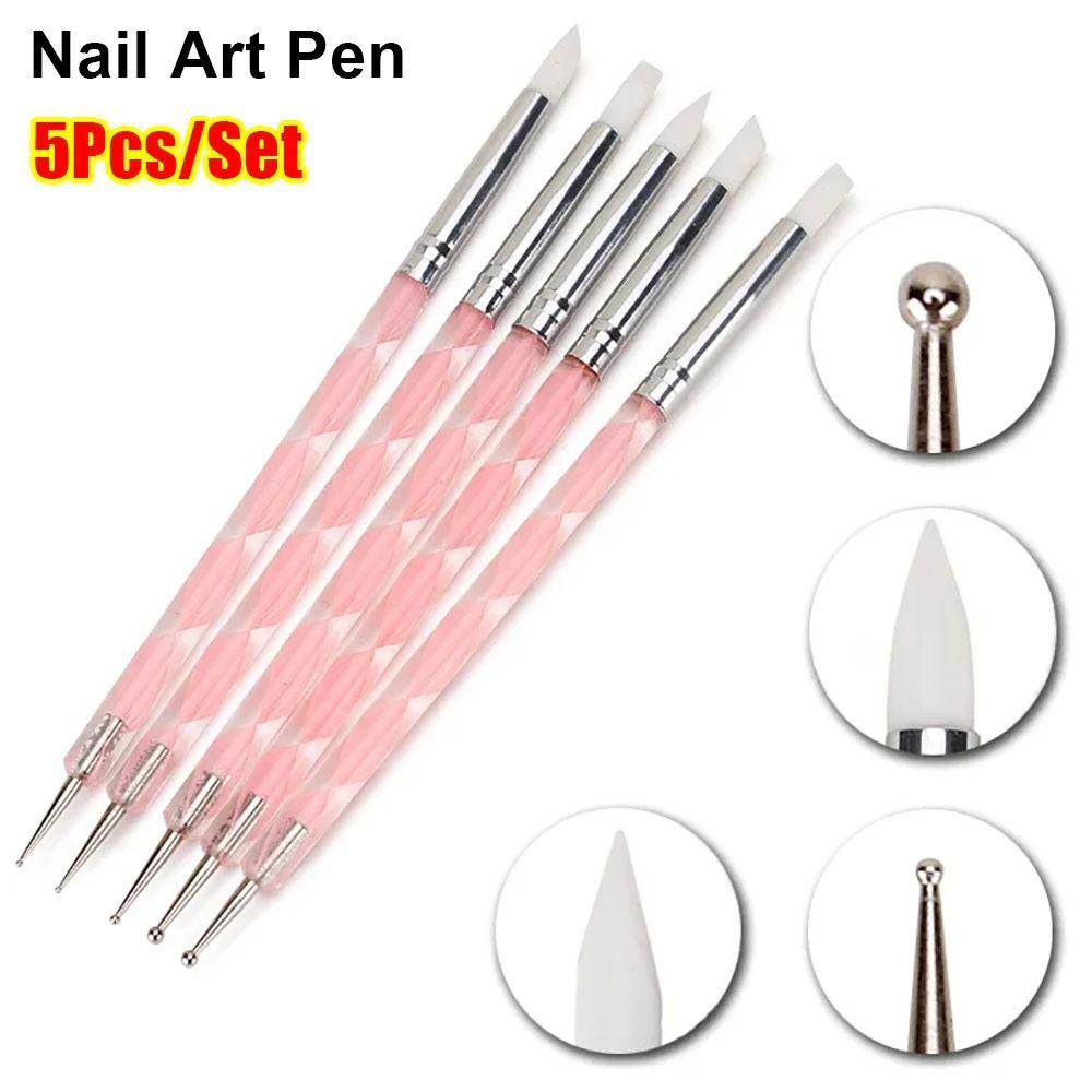 5Pcs/Set Stainless Steel Nail Art Pen 2 Ways Dotting Tool Durable Marbleizing Painting Pens