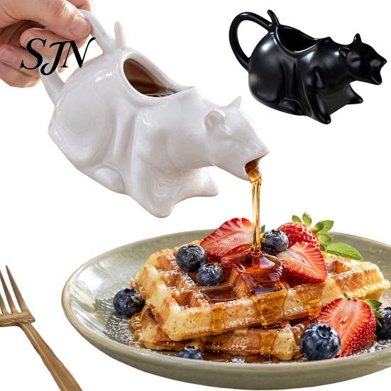 Housewarming Gift for Cat Owners Shaped Ceramic Gravy Boat, Cute Kitten Sauce Jug Milk Cream Dipping Bowls Cheese Syrup, Animal Figurine Pitcher