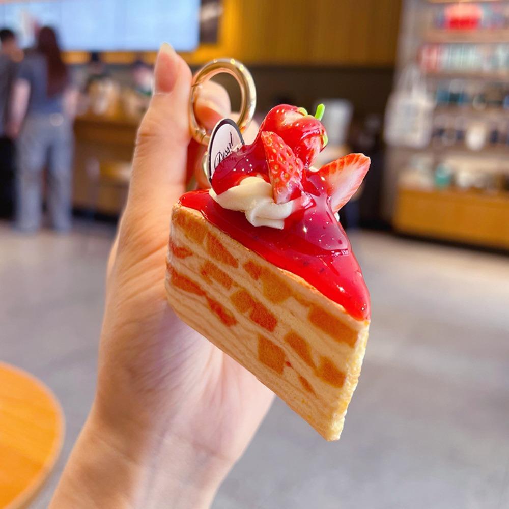 Slow Rebound Strawberry Mille-Crêpe Cake Keychain Simulation Food Shape Stress Toy Home Office