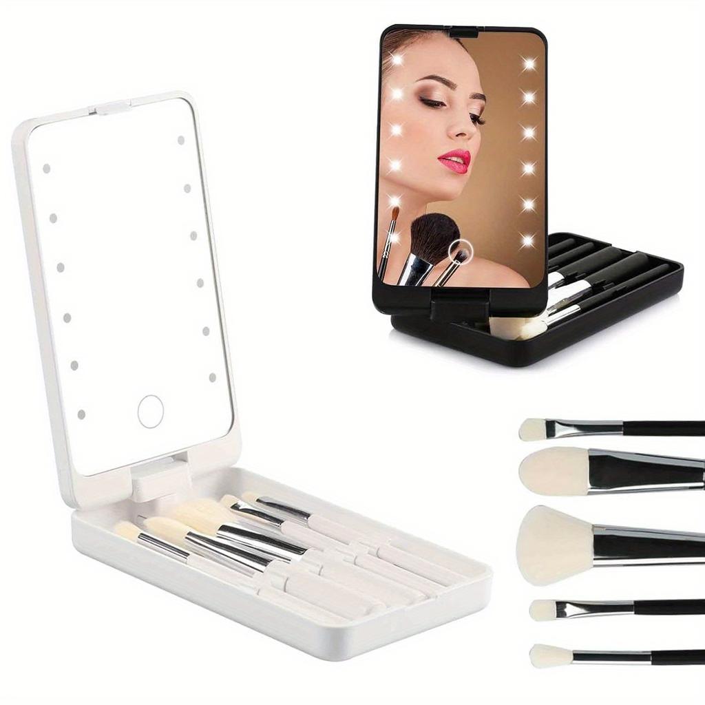 Светодиодное зеркало для макияжа с подсветкой, набор из 5 мини-кистей, вращающееся на 360° дорожное зеркало, портативный косметический набор для идеального макияжа на ходу