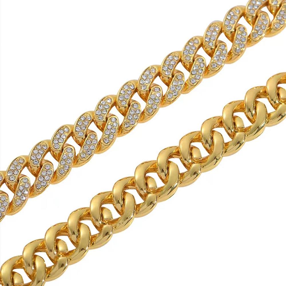 Full Crystal Stone Cuban Chain Hip Hop Bracelet For Men Copper Color Metal Link Chain Rhinestone Luck Closure Mens Bracelet