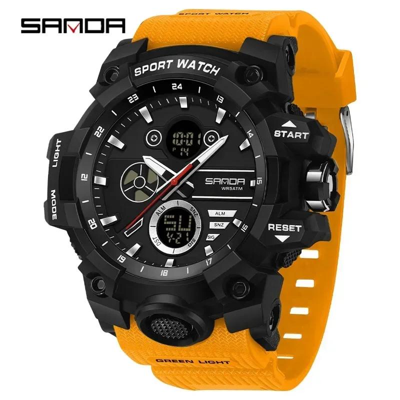 SANDA Fashion Man Military Watch Dual Time 50M Waterproof TPU Strap Chronograph Outdoor Sports Men's Watch Classic Student Watch