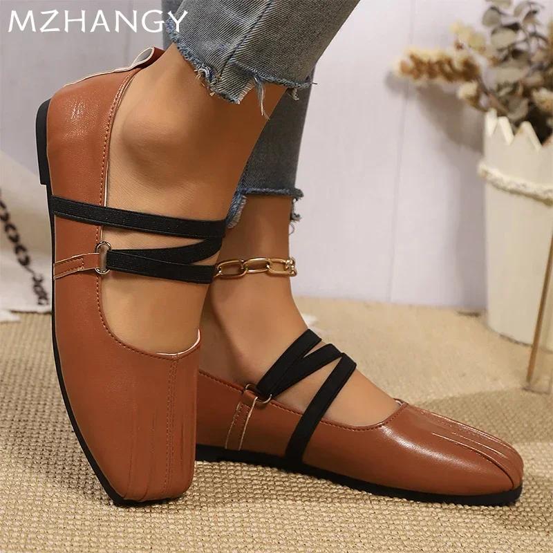 Модные женские кожаные балетки для танцев с плоским квадратным носком, женские туфли на плоской подошве 2025 года, модные элегантные осенние туфли Zapatillas Mujer