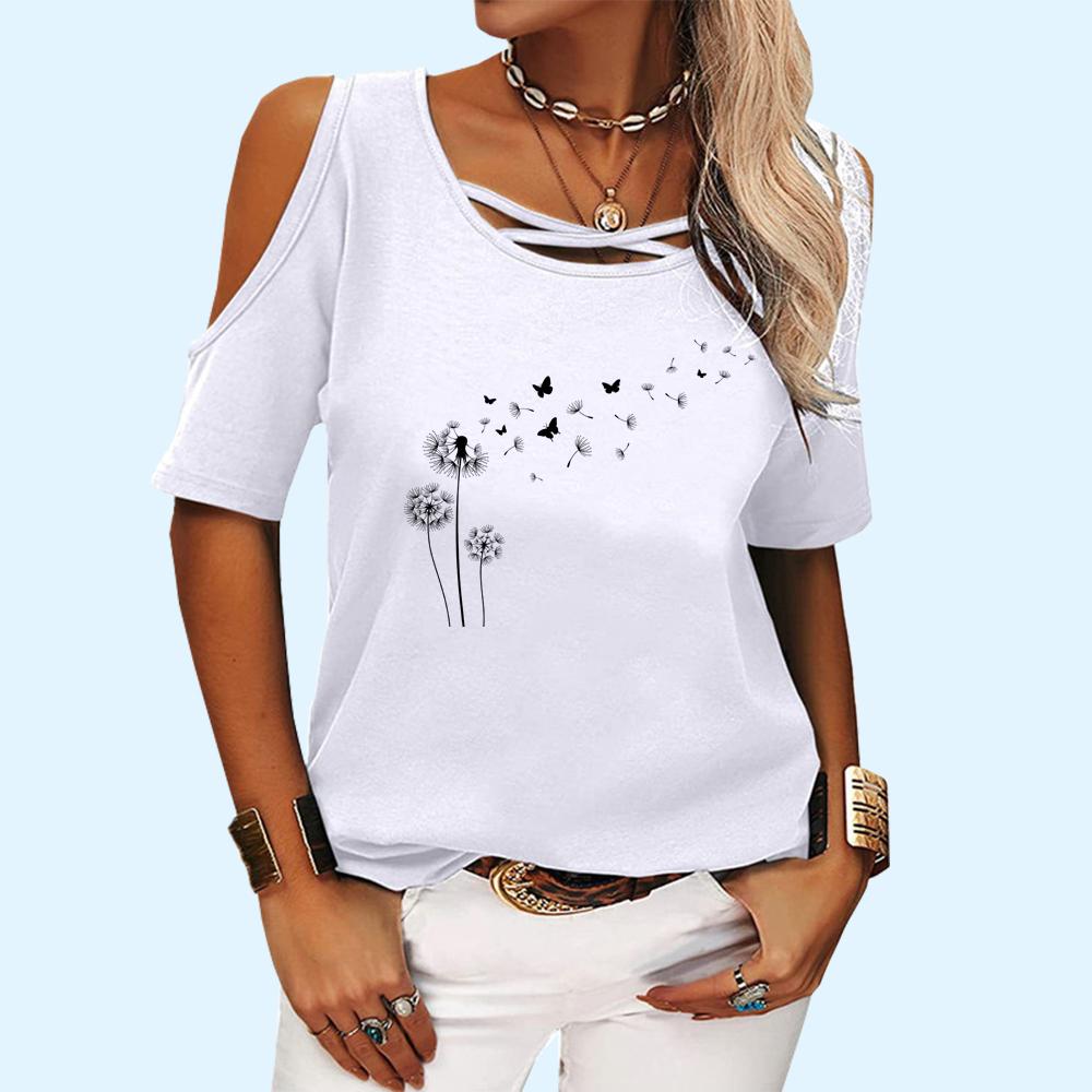 Women Fashion Round Neck Short Sleeve Top Ladies Summer Casual Off Shoulder Floral Printed T-shirt