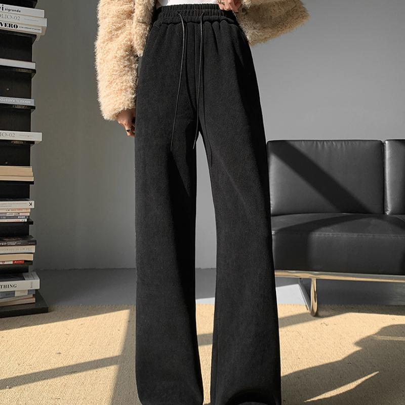 Fashion Women Drawstring Loose Casual Wide Leg Pants Autumn Fleece High Waist Winter Velvet Trousers for Women Elegant Solid Straight Lady Pants 2357