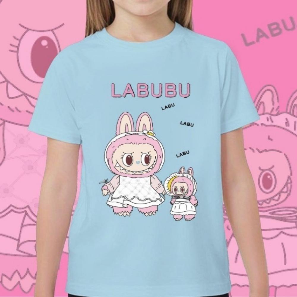 Новая детская футболка с мультяшным рисунком Лабубу Момоко для мальчиков и девочек, свободная, с короткими рукавами