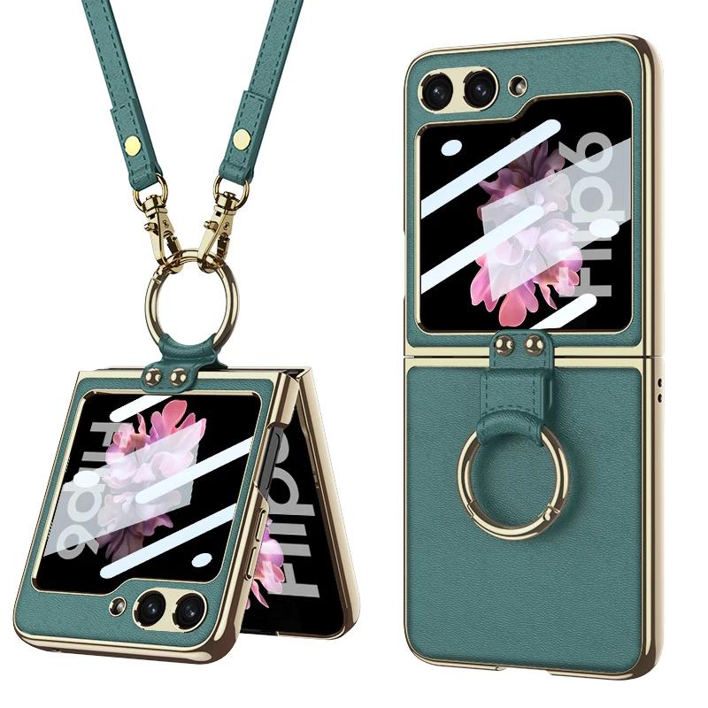 Luxury Plating Leather Shoulder Strap Case For Samsung Galaxy Z Flip 6 Screen Glass Ring Holder Cover For Galaxy Z Flip 5 Cases
