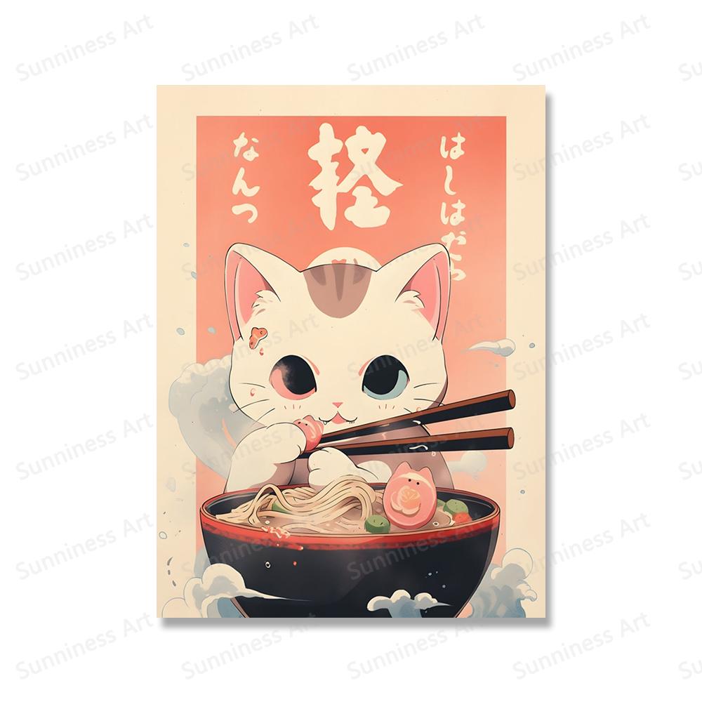 Kawaii Japanese Ramen Canvas Painting Animal Cats Posters and Prints Noodles Food Wall Pictures for Kitchen Room Home Decoration