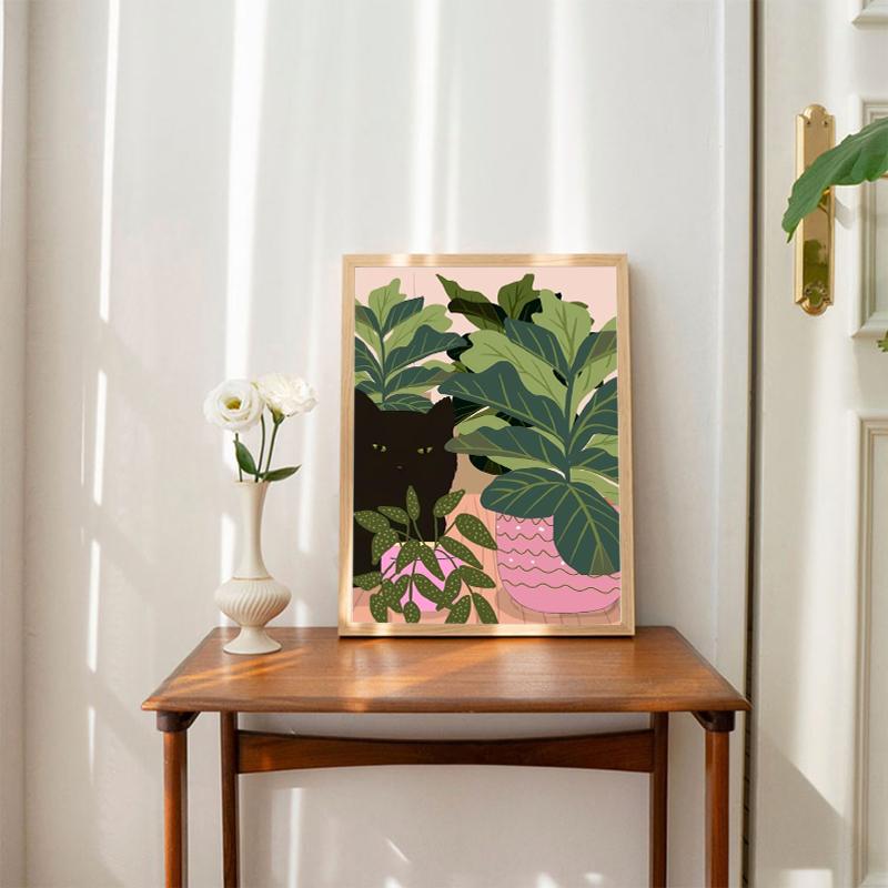 Boho Art Черный Кот Тропические Растения Плакат Холст Картина Милое Животное Скандинавская Настенная Картина Для Современной Гостиной Домашнего Декора
