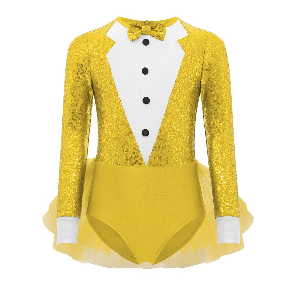 Girls Jazz Dance Costume Sparkly Sequins Bodice Tulle Skirted Leotard Long Sleeve Back Invisible Zipper Bodysuit