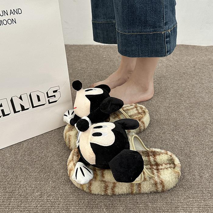 Мультяшные объемные тапочки Микки, женские, 2025, новые осенне-зимние, для улицы, теплые хлопковые тапочки с полузакрытым носком