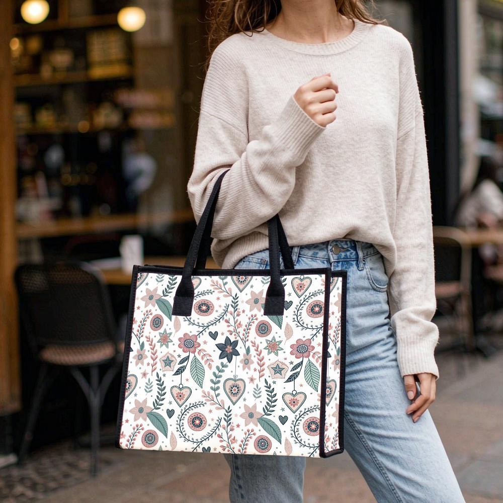 Cute Floral Heart Printed Canvas Tote Bag Fashion Large Capacity Casual Daily Handbag for Women Outdoor Shopping Travel Use
