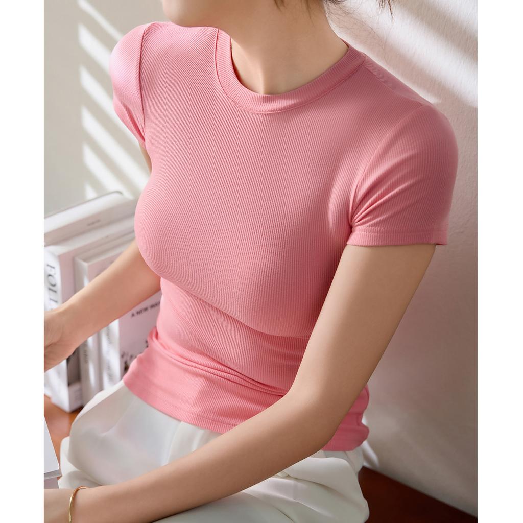 Women's Summer Hundred Slim Round Neck High Stretch Cotton Tight Short Sleeve T-Shirt