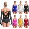 Women Latin Dance Costume Spaghetti Straps Ruffles X Back Tassel Leotard Dress with Gloves Ballroom Stage Performance Dancewear