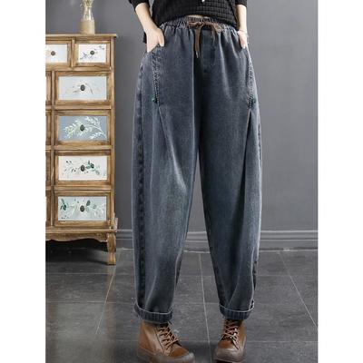 Женские весенне-осенние модели на четыре сезона, показывающие тонкую эластичную талию с дисковой пряжкой, брюки харен большого размера, повседневные джинсы