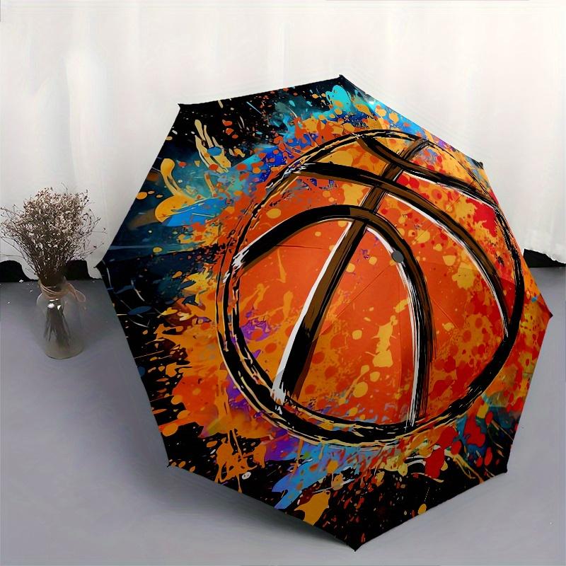 Basketball, Splash Art Automatic folding umbrella simple eight rib design, bright color pattern, durable iron frame, ideal for travel and o