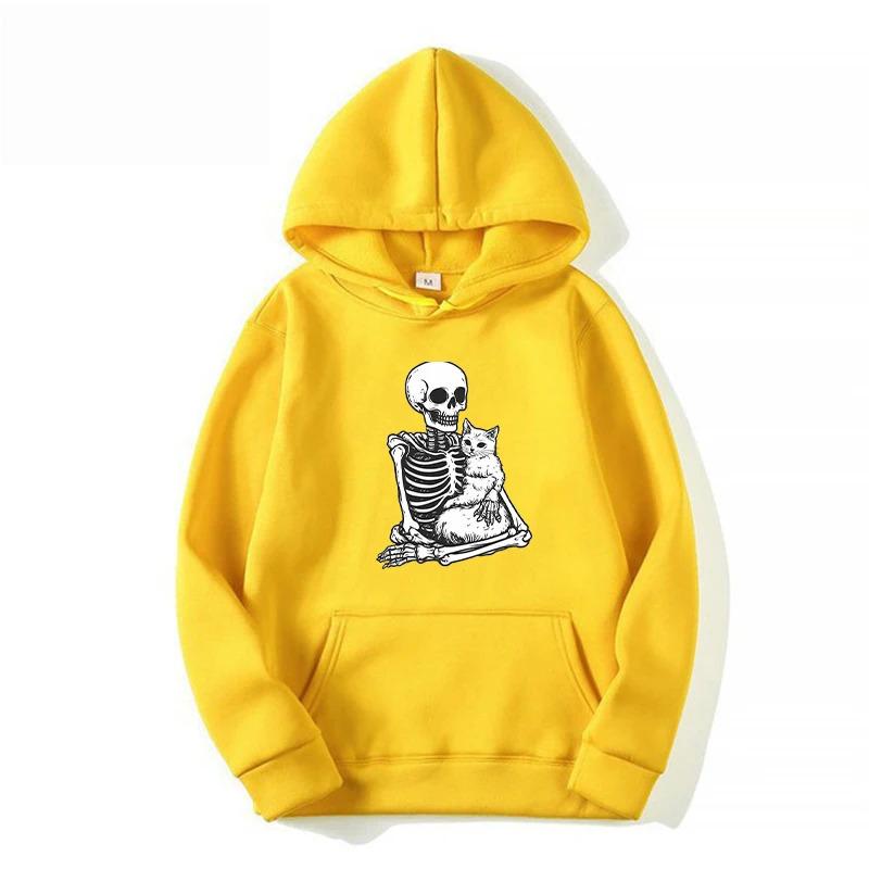 Skeletons and Cats Men Fashion Hoodies Men Women Hooded Sweatshirts Casual Pullovers Autumn Boys Girls Black Hoodie
