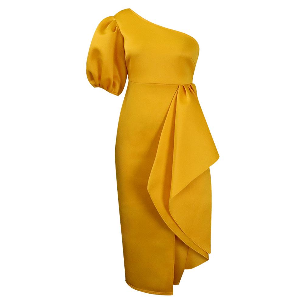 Женское платье в стиле OL, лето 2024 г.: Рукав-фонарик, асимметричное плечо, разрез, европейская и американская мода