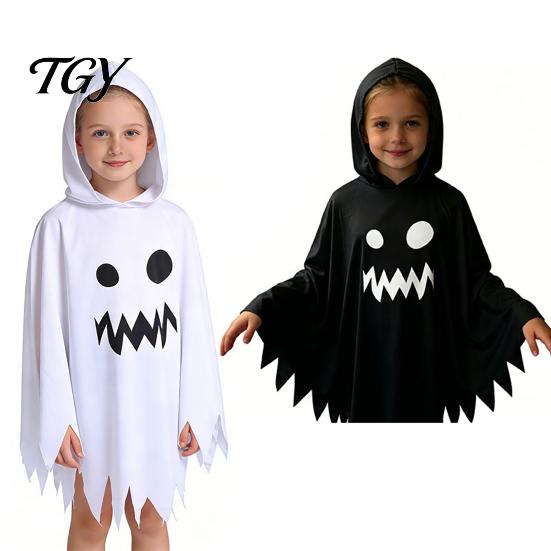 Black And White Ghost Cloak Halloween with Hood, Loose Fit Irregular Hem Costume Hooded Cape for Cosplay Party, Spooky Pullover Kids Adults