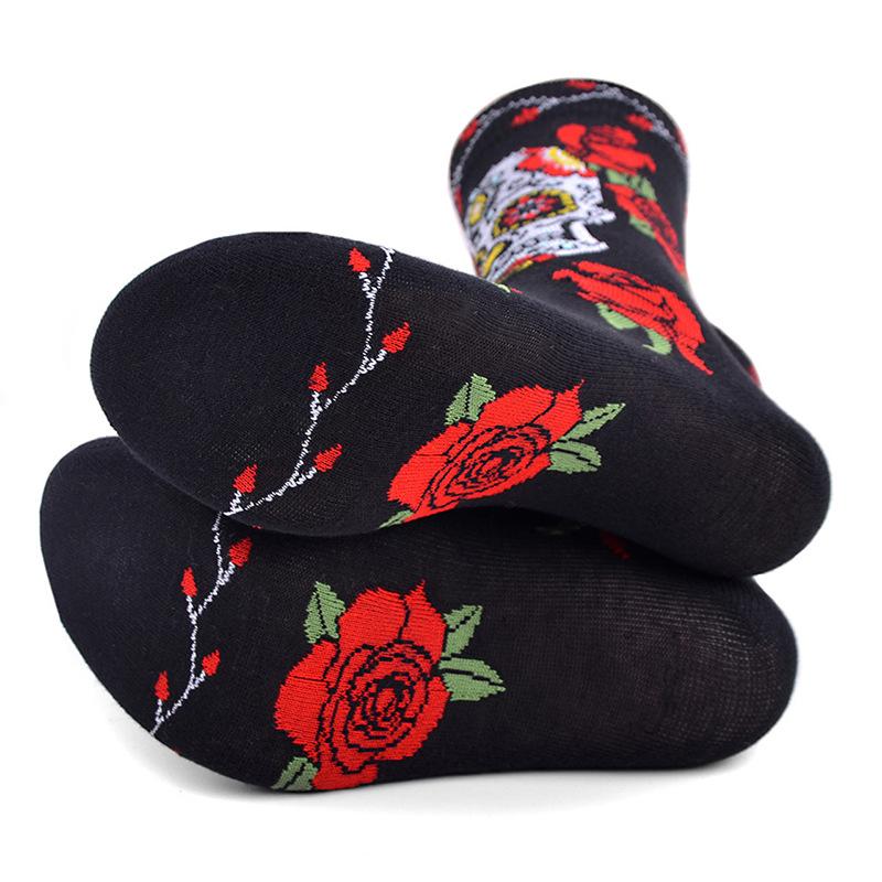 Fashion Harajuku Skull Rose Crew Socks Unisex Women Men Couple Black Cotton Retro Boho Hip Pop Street Socks Gift Bulk