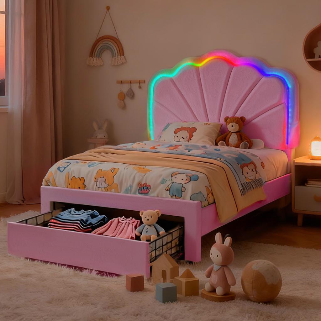 Your Dream Teddy Bed Awaits with Music Synced Lights USB Type C Charger and Pull Out Drawers Pink White
