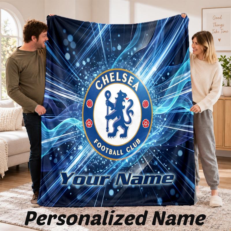 Chelsea FC Personalized Flannel Blanket Custom Name Text Soft Throw Blanket Home Decor