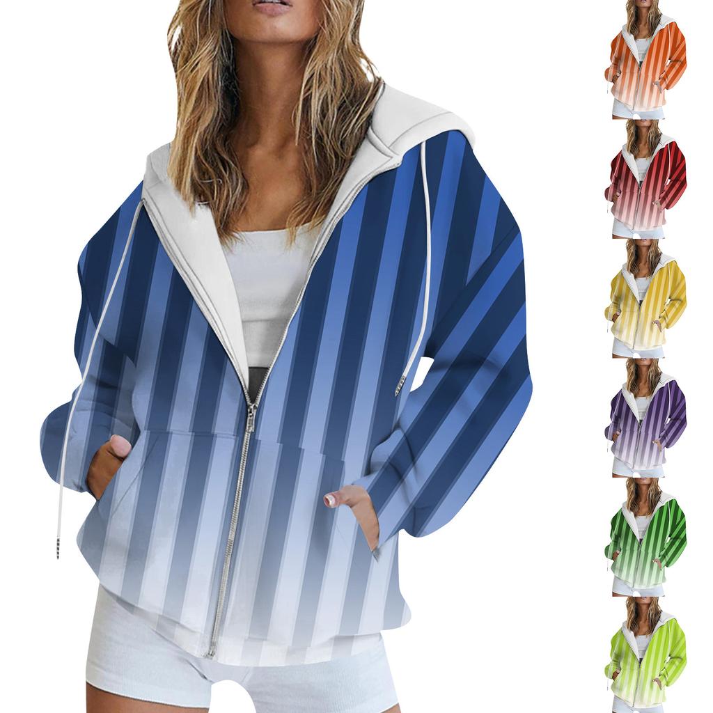 Women's Long Sleeve Print Sweatshirt Long Sleeve Pocket Jacket Zipper Hoodie Coat