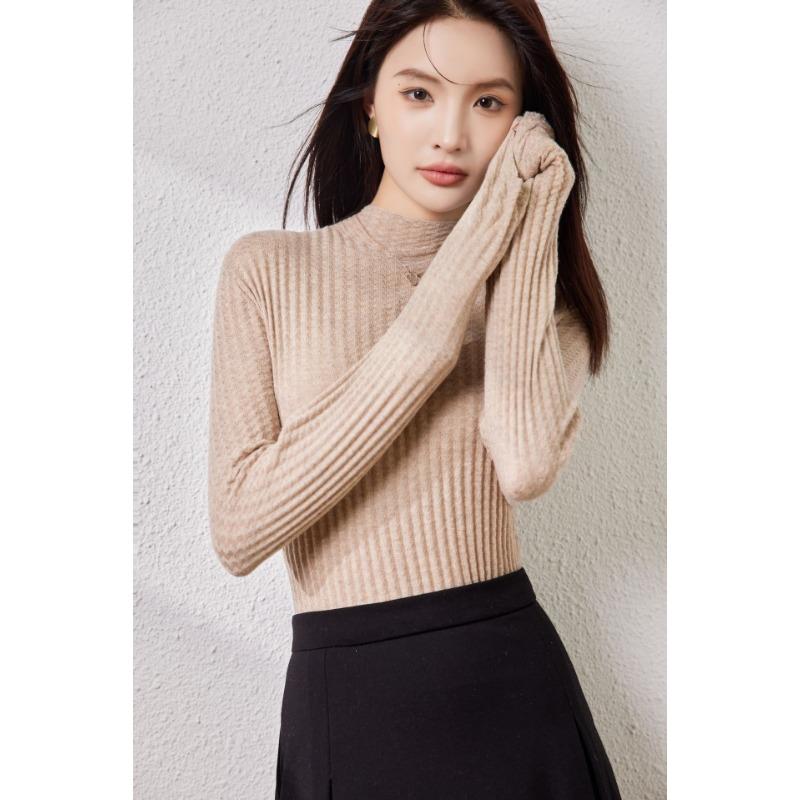 Silk-containing Wool Sweater Women's Early Autumn New Semi-turtleneck Knitted Sweater Sweater with Waffle Backing Top