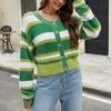 Женский короткий вязаный кардиган с длинными рукавами в полоску контрастного цвета, повседневный круглый вырез, модный вязаный свитер, пальто