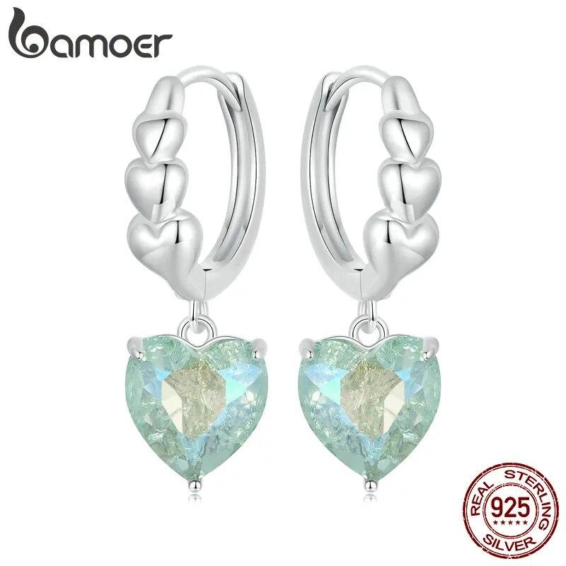 Bamoer 925 Sterling Silver Mint Green Heart Drop Earrings White Gold Plated Ear Buckles for Women Girls Party Fine Jewelry Gift