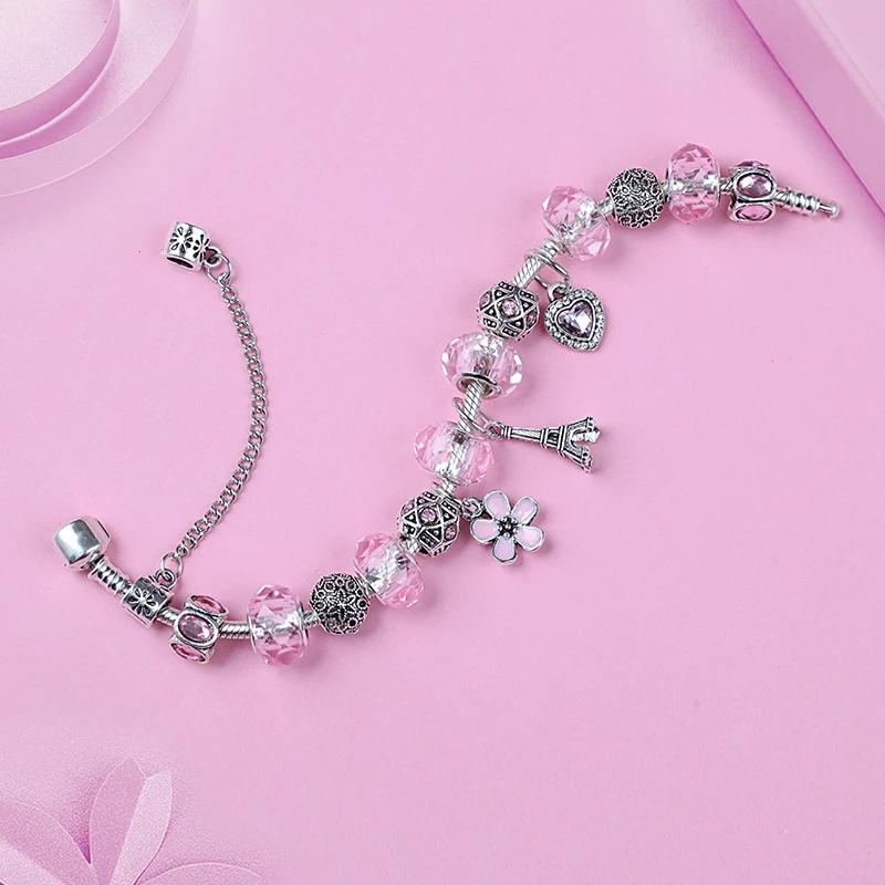Серебристый Цвет Эйфелева Башня Подвески Браслет & Браслет DIY Розовый Кристалл Сердце Цветок Бусина Женский Браслет Шарм Украшения