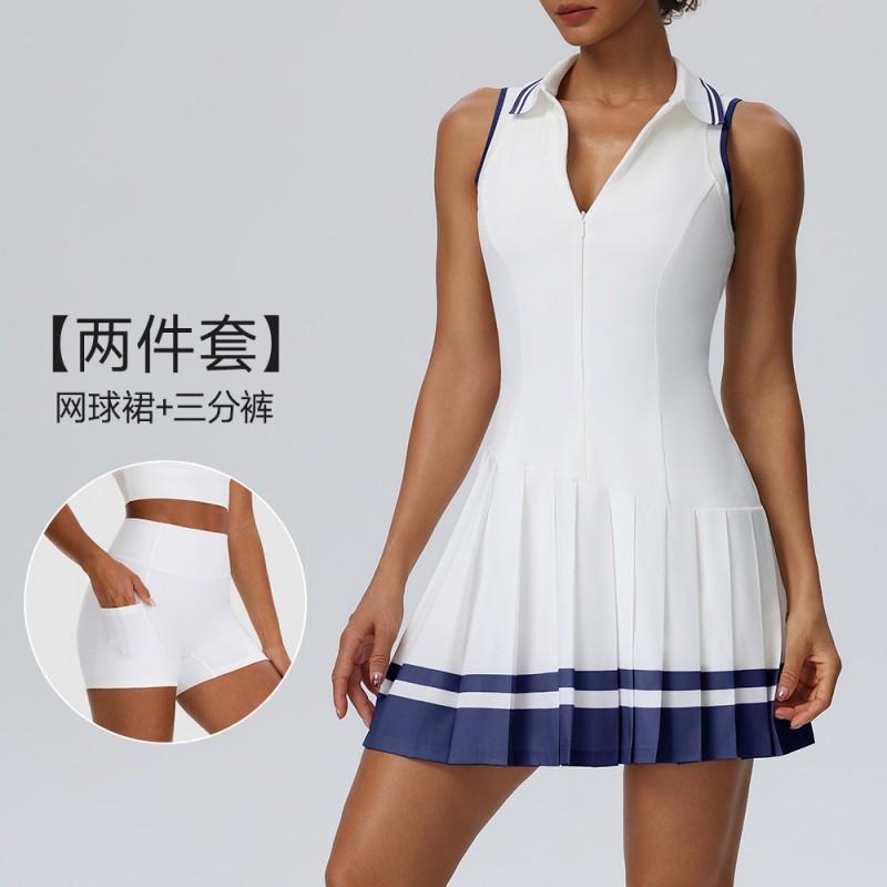 Womens Sleeveless Polo Neck Tennis Dress Set Colorblock Pleated Sporty Skirt Outfit Gym Running Yoga