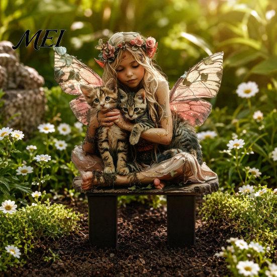 Fairy And Cat Statue Garden Stake, Cats Shape with 2D Printing, Waterproof Potted Plant Decoration Acrylic Realistic Outdoor Decoration, for